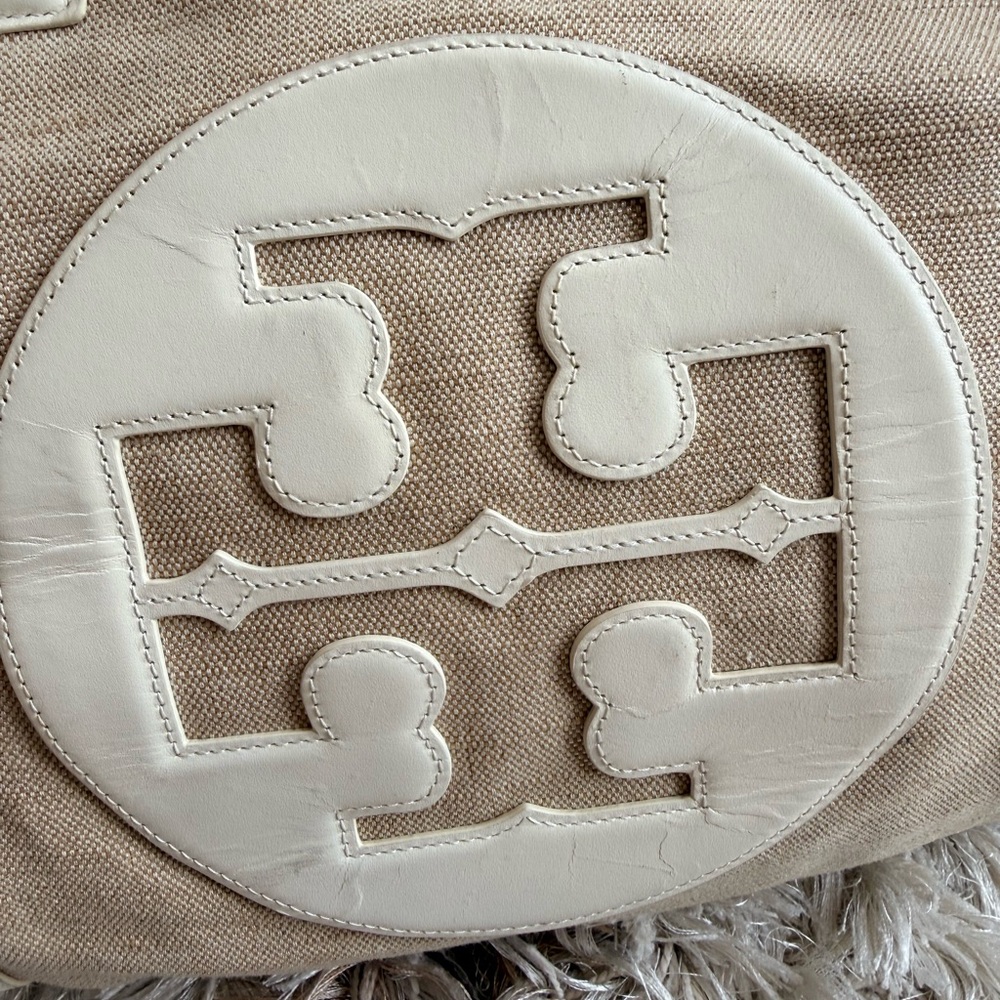 Large Tory Burch Beige Canvas Tote with Ivory Leather Trim and Logo - Picture 2 of 7